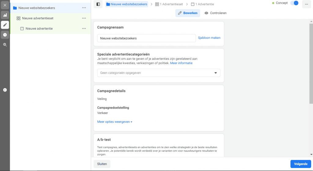 Facebook advertentie maken - startscherm